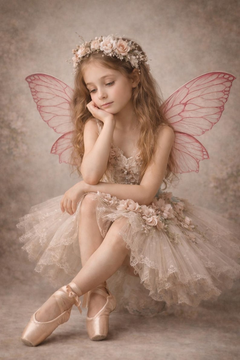 May include: A young person dressed as a fairy, wearing a floral crown, pink wings, and a tutu adorned with flowers. The fairy is seated, resting their chin on their hand, with ballet slippers on their feet.