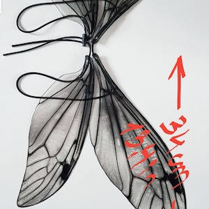 Puede incluir: Alas de mariposa negras y blancas con una textura transparente y ligera. Las alas est&aacute;n unidas a una banda el&aacute;stica negra. Las alas miden 74 cm de ancho y 84 cm de alto.