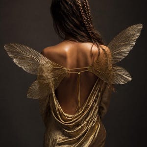 May include: A woman's back is shown, wearing a gold dress and delicate gold fairy wings. The wings are attached with a thin gold wire that crosses the back. The dress has a draped cowl back.