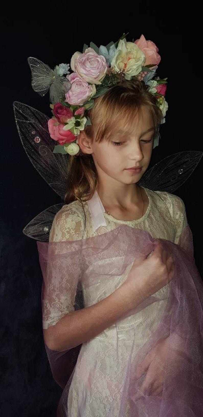 Silver butterfly wings set wreath head ornament roses fairy Etsy