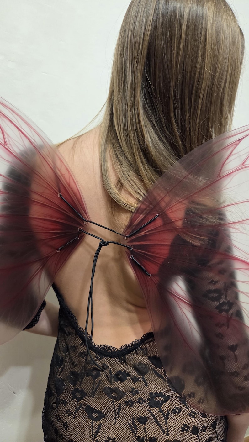 May include: Red and black fairy wings with a transparent design. The wings are attached with black string and are worn over a black lace top. The wings have a dark red gradient and are semi-transparent.