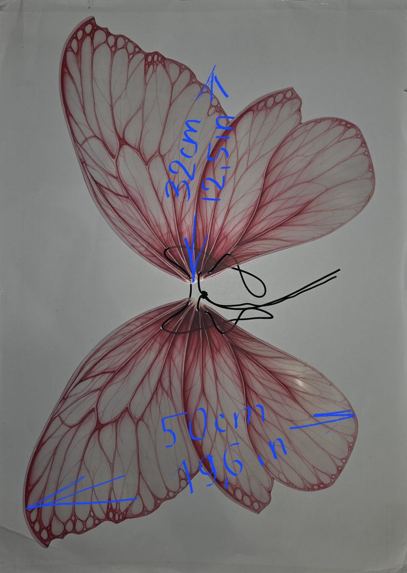 May include: A pair of decorative butterfly wings, featuring a delicate, translucent design in shades of pink and white. The wings measure approximately 12.5 inches wide and 19.6 inches long. The wings are connected by a black wire.