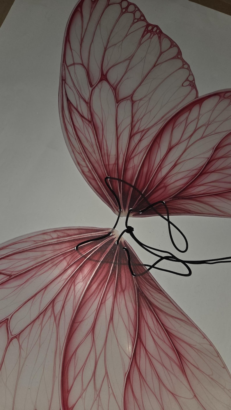 May include: Close-up of a butterfly with translucent wings. The wings are a soft pink with intricate vein patterns in a darker shade of pink. Black wire connects the wings, creating a delicate and artistic design.