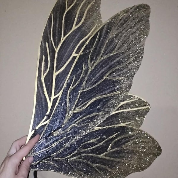 Big black gold fairy wings with silver iridescent shimmer - photo shoot props, beautiful and unique, handmade