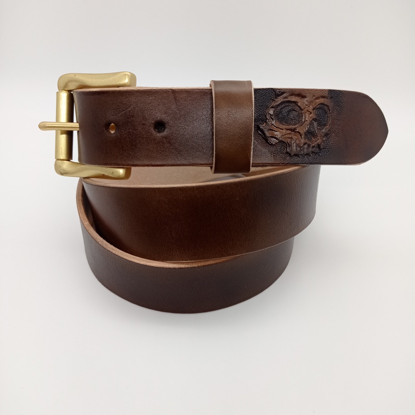 Handmade hand-tooled leather Skull Belt leather belt Brown | Etsy