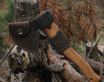 Hache Bushcraft Forgée Main, Acier Carbone, Fourreau Cuir, Neuve, UK