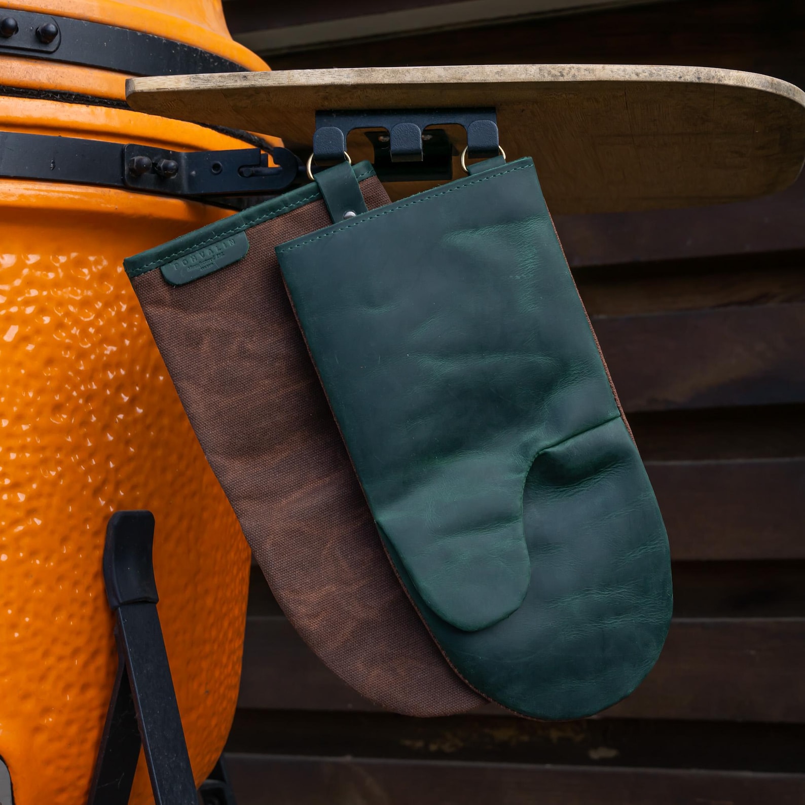 Leather and Canvas Oven Mitt: Heat Resistant Grilling Glove - Green + Dark Brown