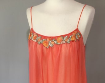 1960s coral tulle  babydoll spaghetti strap lingerie slip dress