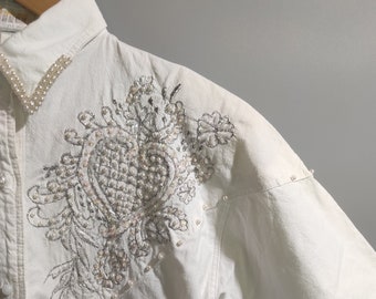 Vintage 80s -90s Embellished Shirt | Pearl Buttons & Silver Thread Embroidery | V-Shaped Beaded Details