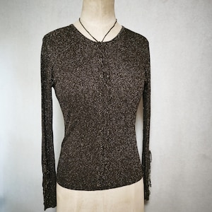 Vintage 80s Luv-Tricot Milano Brown Gold Lurex Knit Top | Lace-Up Front & Sleeve | Sheer Shimmer Fitted Scoop Neck Long Sleeve Blouse Italy