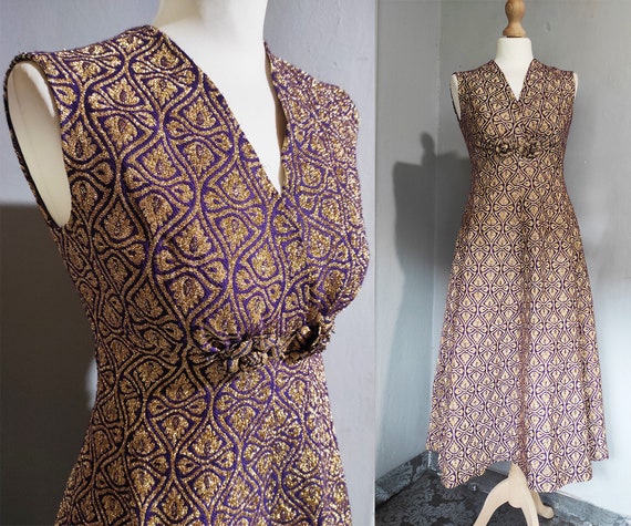 Vintage 60s gold purple rayon lurex evening dress