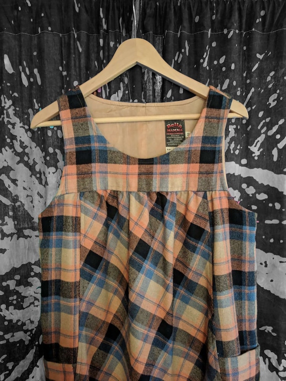 Vintage 70s apron pocket dress/ wool pinafore dres