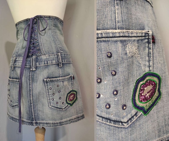 Corset denim mini skirt /00s cotton washed denim u