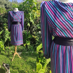 Vintage 80s Rainbow Striped Smock Office Dress – Puff Sleeves, L/XL, Semi-Sheer