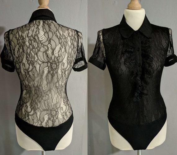 Sexy Black Lace See Through Bodycon/ Ruffled Bodice Catsuit/ | Etsy