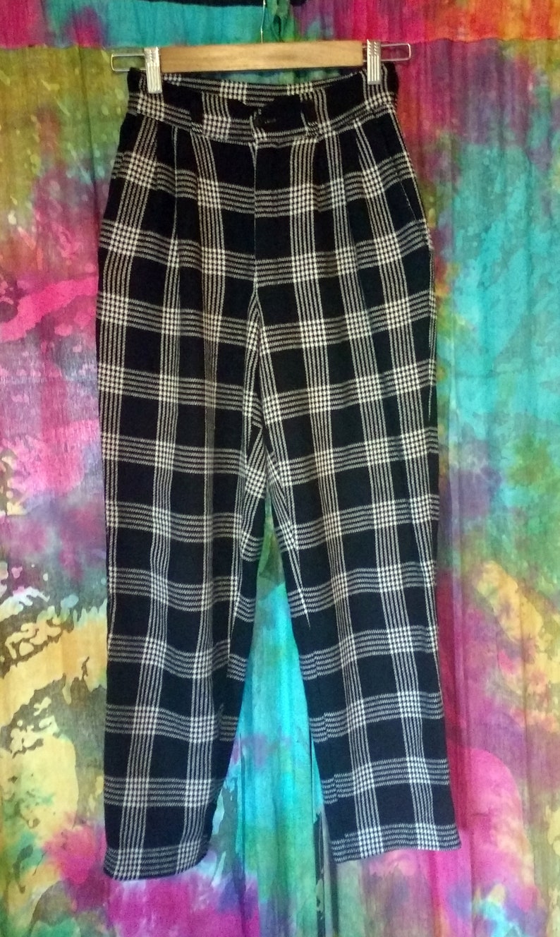 winter pleated trousers size S high waisted wool pants Vtg 90s plaid black and white geek pants
