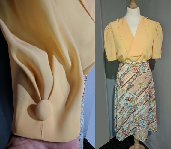 Vintage 40s style puff sleeve blouse / yellow v ne