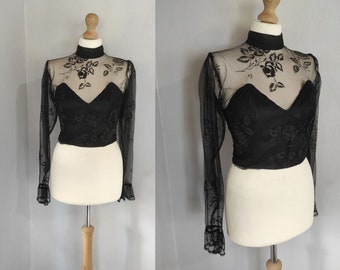 Vintage 50s Lace & Rayon Crop Top – Old Hollywood , Fitted, XS, Long Ruffled Sleeves, Sweetheart Neckline