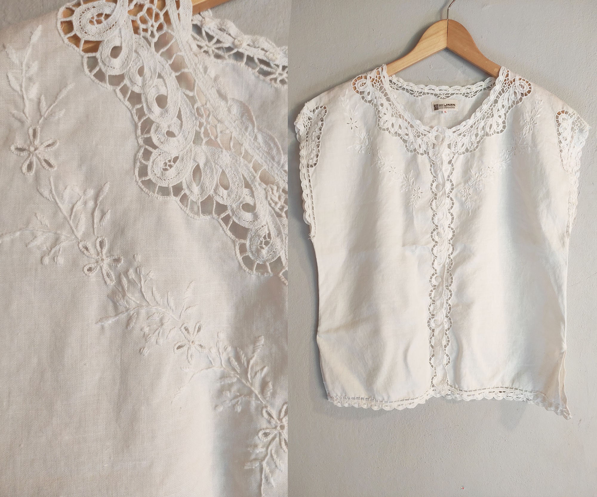 Vintage Cap Sleeve Linen Blouse with Handmade Embroidery - Size XL