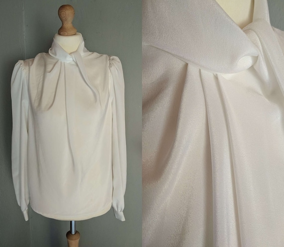 70s 80s vintage funnel blouse/ white satin effect