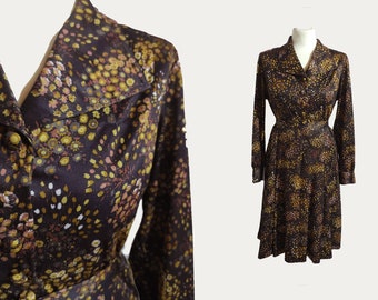 Brown Floral Mod silky belted long sleeve shirtdress Medium size  Vintage 70s