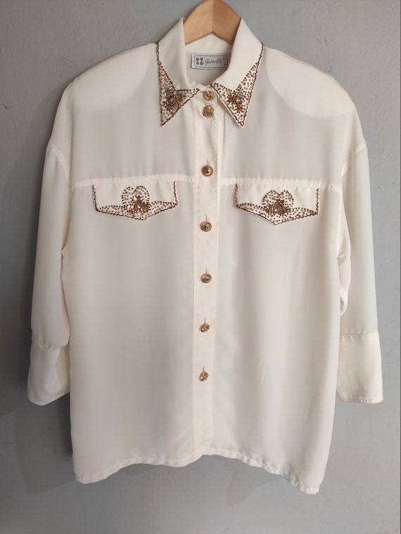 Womens Blouse Blouse Vintage Buttoned Blouse Black Blouse Size EUR40 UK12 Nice Collar with Beads