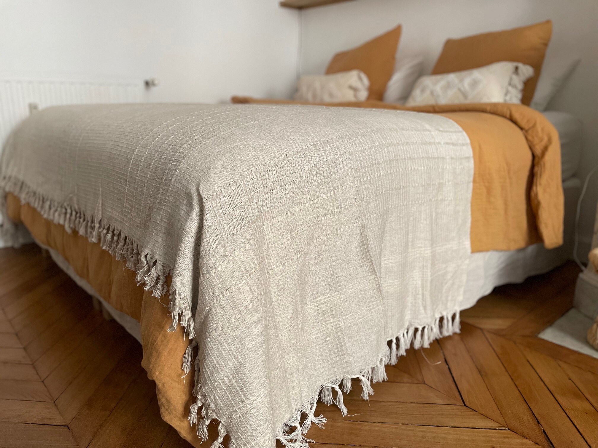 Couverture de Lit Beige - Jetée en Hayek , Jet Linge, Lit, Rustique, Housse Naturelle