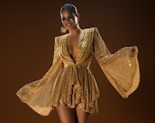 Gold Sequin Dress Long Sleeve, Wedding Guest Dress, Mini Reception Dress, Homecoming Dress, Gold Cocktail Dress, Mini Long Sleeve Dress