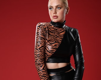 Leopard Design Crop Tops, Long Sleeve Trendy Clothes, Leather Look Crop Top, Crop Top for Woman,  Blouse for Women, Woman Clothes