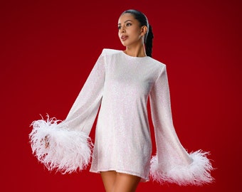White Cocktail Dress, White Mini Feather Dress, Bridal Shower Dress, Reception Dress, Engagement Dress, White Prom Dress, Bachelorette Dress