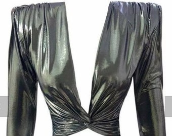 Metallic Woman Wrap Crop, Deep V Neck Sexy Crop, Rave Clothing, 70's Disco Outfit, Blouse for Women, Cocktail Outfit, Festival Clothing