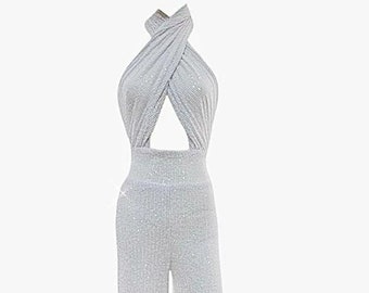 White Sequin Jumpsuit, Backless Cocktail Dress, Women Party Outfit, Wide Leg Jumpsuit, Sequin Evening Dress, Women Prom Dress