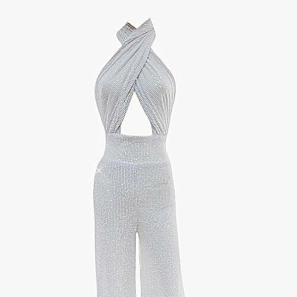 White Sequin Jumpsuit, Backless Cocktail Dress, Women Party Outfit, Wide Leg Jumpsuit, Sequin Evening Dress, Women Prom Dress