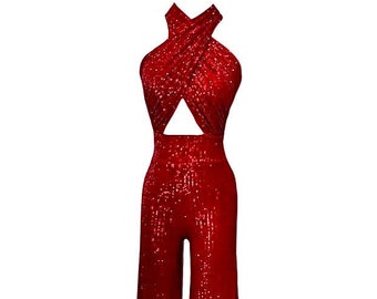 Red Sequin Jumpsuit, Backless Wedding Guest Dress, Red Prom Dress, Sequin Cocktail Dress, Disco Jumpsuit, Wide Leg Jumpsuit, Sequin Romper