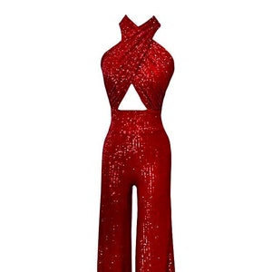 Red Sequin Jumpsuit, Backless Wedding Guest Dress, Red Prom Dress, Sequin Cocktail Dress, Disco Jumpsuit, Wide Leg Jumpsuit, Sequin Romper