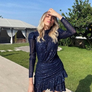 Black Sequined Short Dress, High Neck Prom Dress, Wedding Guest Dress, Long Sleeve Disco Outfit, Black Cocktail Dress, Reception Dress