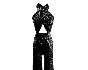 Puede incluir: Un mono negro de lentejuelas con escote halter y un detalle de corte en la cintura.