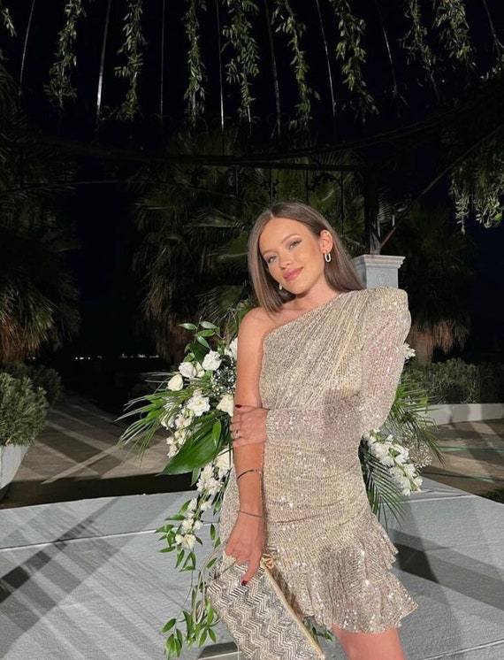 white christmas dresses Shimmer V Neck Tea Length Wedding Guest Dress With Short Sleeves main image 0