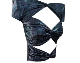 Corte cruzado brilhante, roupas de discoteca da moda, top curto para mulher, roupa sexy de festival, roupa de homem ardente, vestido pós-festa, vestido Coachella