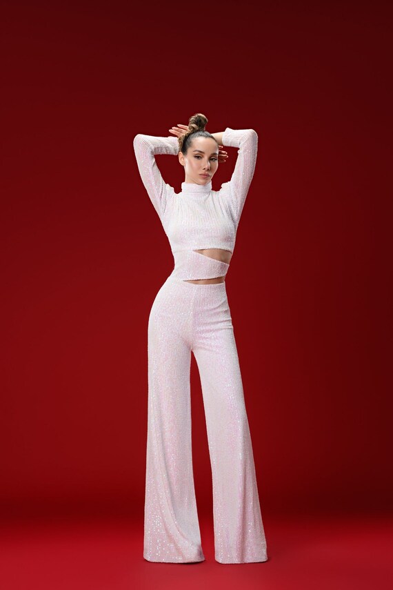 Sequined White Woman Overall, Wedding Guest Dress, Elegant Cocktail Dress, Bridal Party Outfit, Wide Leg Jumpsuit, Woman's Overall