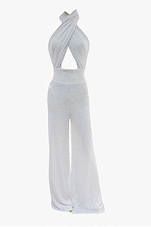 Macacão de lantejoulas branco, vestido de coquetel sem costas, roupa de festa feminina, macacão de perna larga, vestido de noite de lantejoulas, vestido de baile feminino