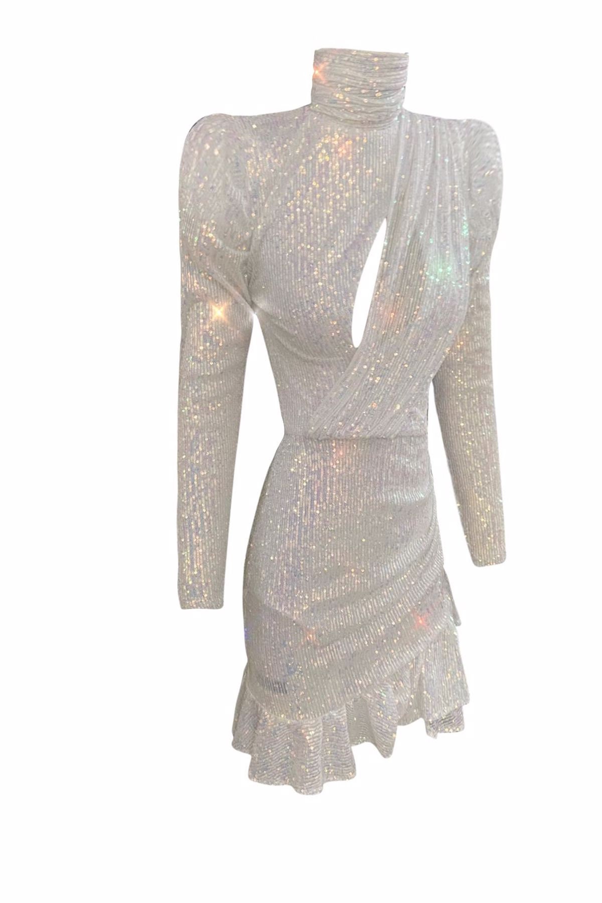 Black Sequined Short Dress, High Neck Prom Dress, Wedding Guest Dress, Long  Sleeve Disco Outfit, Black Cocktail Dress, Reception Dress - Etsy