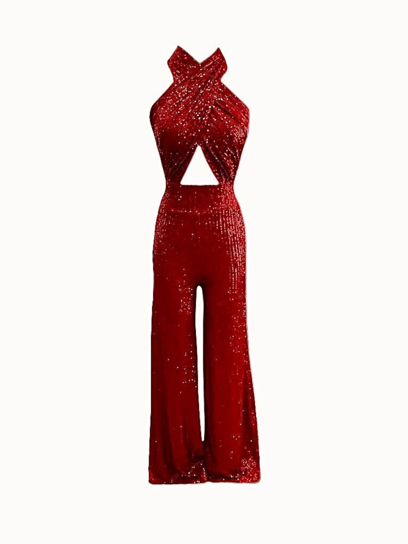 Red Sequin Jumpsuit Backless Wedding Guest Dress Red Prom Etsy