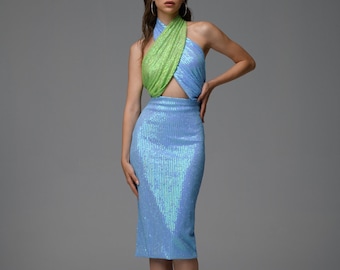 Vestido halter midi, vestido sem costas, vestido de casamento, vestido de festa de noivado, vestido de recepção, vestido de baile azul, vestido de coquetel elegante