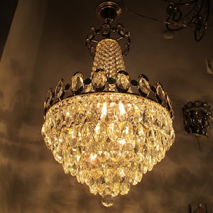 By Palwa Style Antique Vnt French HUGE Swarovski Crystal & Brass Chandelier Lamp 1960's 15" Dmtr ,Art Nouveau Chandeliers Lüster Lustre