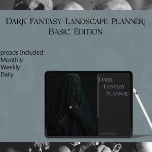 May include: A digital planner with a dark fantasy theme. The cover features a woman in a black veil and a crown. The text on the cover reads "DARK FANTASY PLANNER".