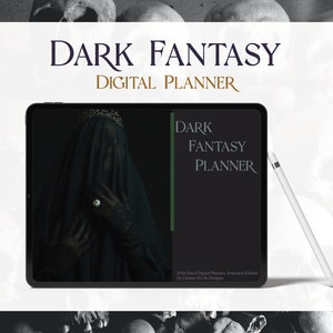 May include: A digital planner with a dark fantasy theme. The cover features a woman in a black veil and gloves, with a crown on her head. The text "DARK FANTASY PLANNER" is displayed on the screen.