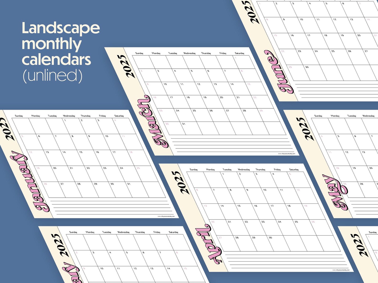 2025 Monthly Calendar Printable Landscape Calendar 2025 Planner Unlined Calendar Printable 2025