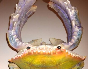 Very unusual blue crab wine bottle holder, cool nautical beach decor, holds small wine bottle 750 ML