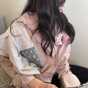 Upcycled Patchwork Shirt – One-of-a-Kind Statement Blouse with Ruffles & Lace – Eco-Friendly Reworked Fashion – Women’s Artistic Shirt